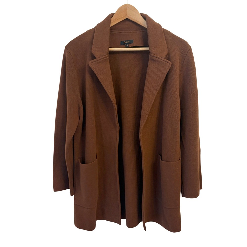 Quince 100% Organic Cotton Knit Blazer M Open Front Cardigan Sweater Brown - Picture 2 of 8